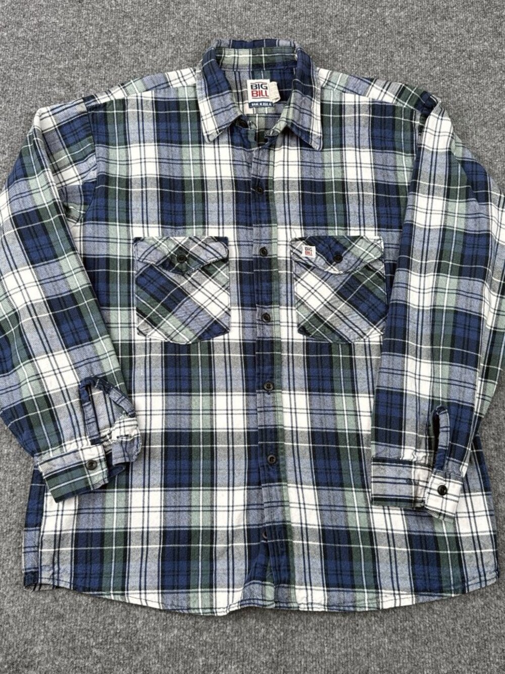 Big Bill Heavyweight Flannel Shirt L Blue Plaid 100% Cotton Made in USA
